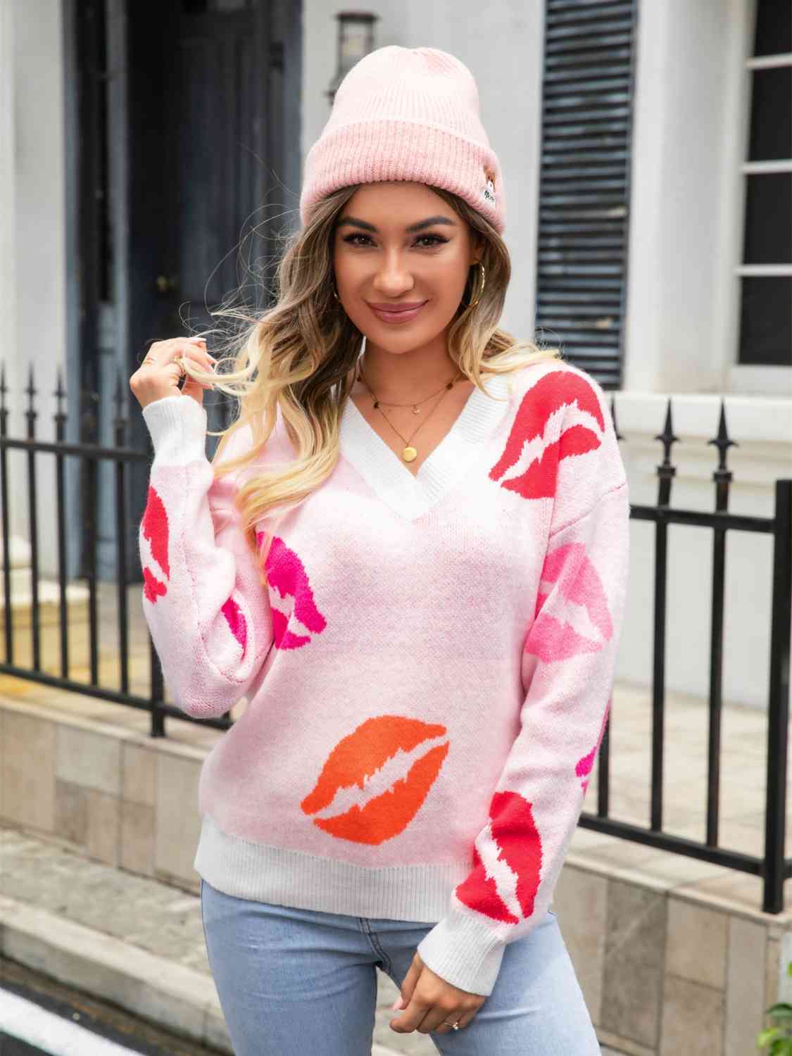 Lip V-Neck Drop Shoulder Sweater - Sydney So Sweet