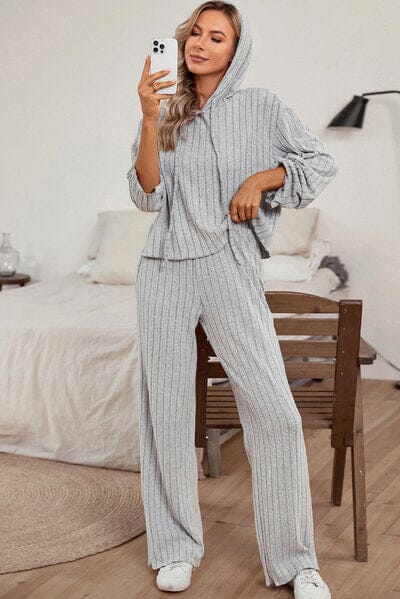 Ribbed Drawstring Hoodie and Pants Lounge Set - Sydney So Sweet