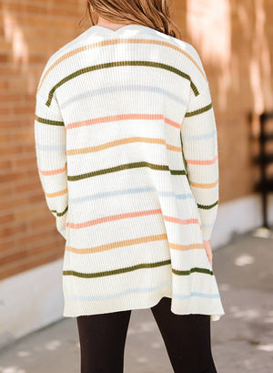 Striped Rib-Knit Open Front Pocketed Cardigan - Sydney So Sweet