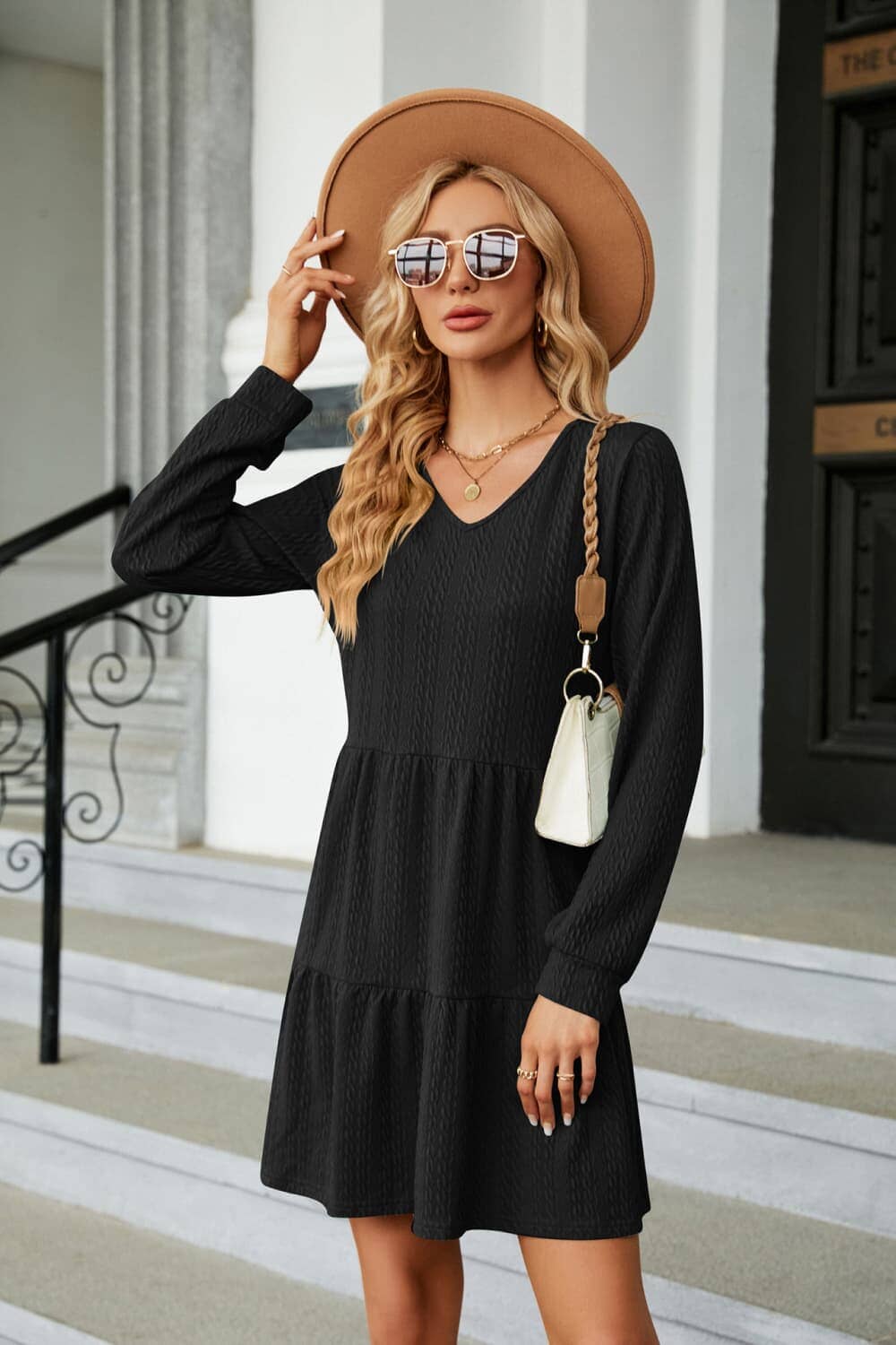 V-Neck Long Sleeve Mini Dress - Sydney So Sweet