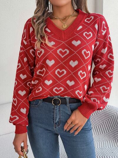 Heart Pattern V-Neck Long Sleeve Sweater - Sydney So Sweet