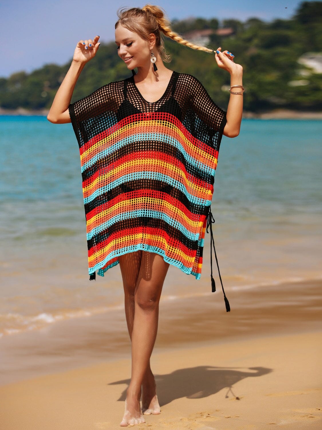 Cutout Striped Cover-Up with Tassel - Sydney So Sweet