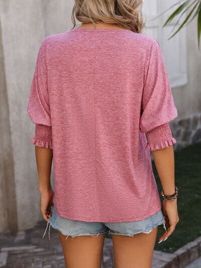 Heathered Notched Lantern Sleeve Blouse - Sydney So Sweet