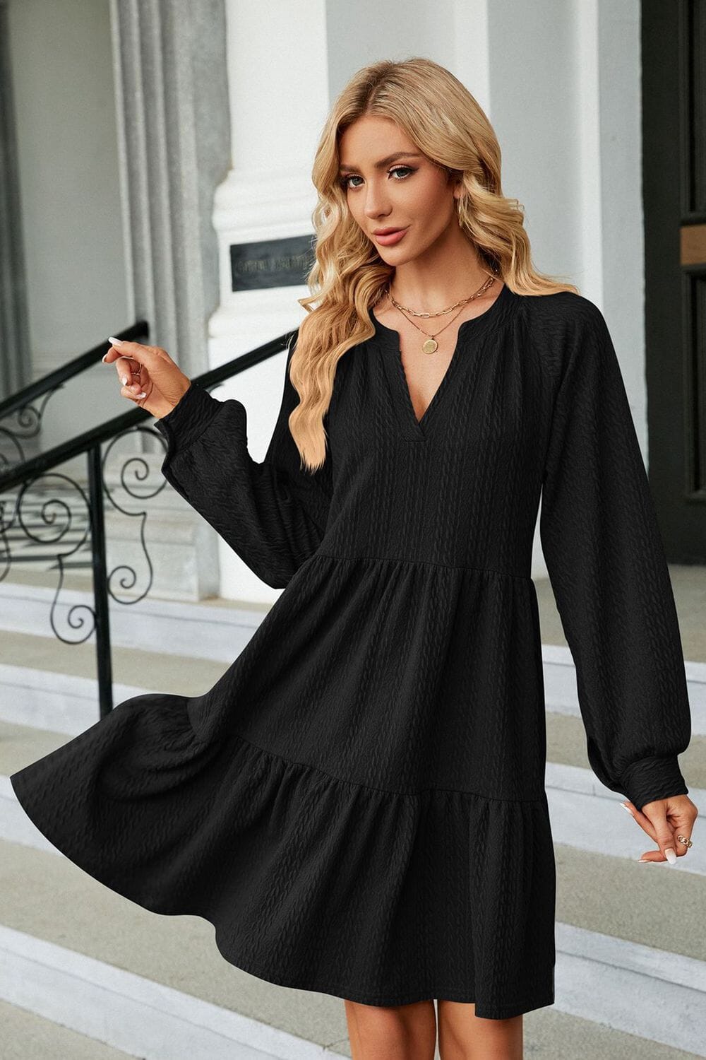 Notched Neck Long Sleeve Mini Dress - Sydney So Sweet