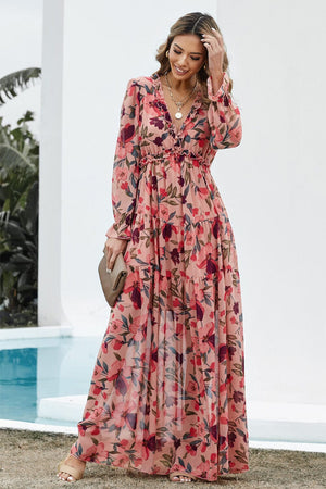 Floral Frill Trim Flounce Sleeve Plunge Maxi Dress - Sydney So Sweet