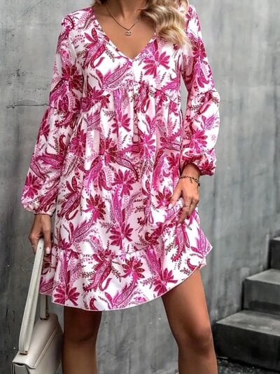 Floral V-Neck Balloon Sleeve Dress - Sydney So Sweet