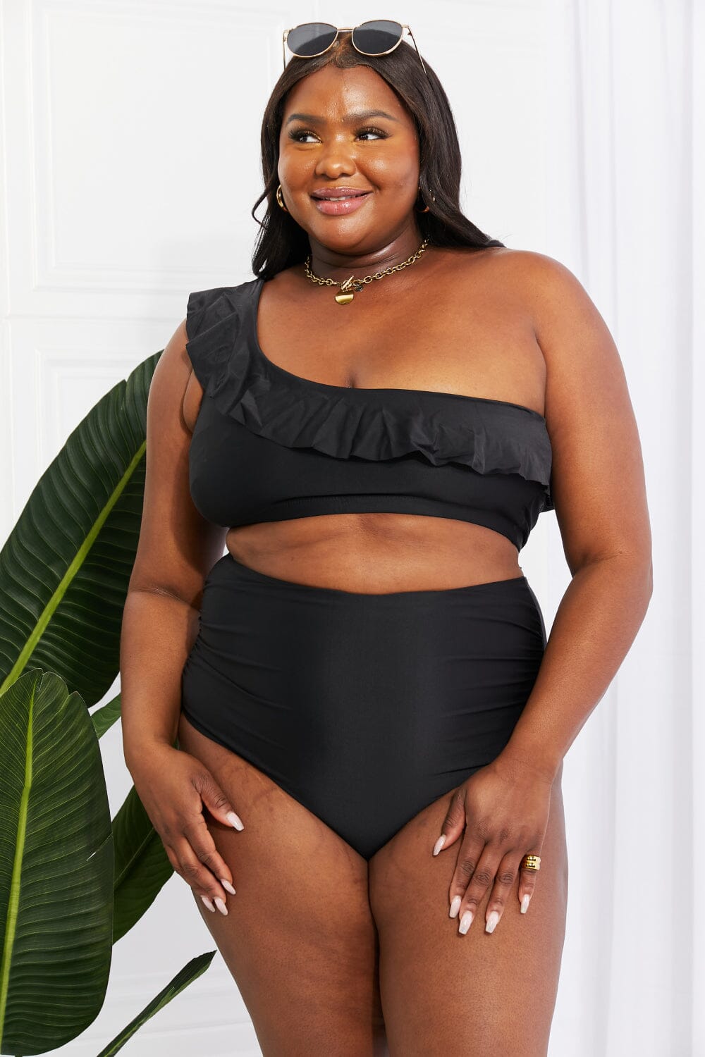 Marina West Swim Seaside Romance Ruffle One-Shoulder Bikini in Black - Sydney So Sweet