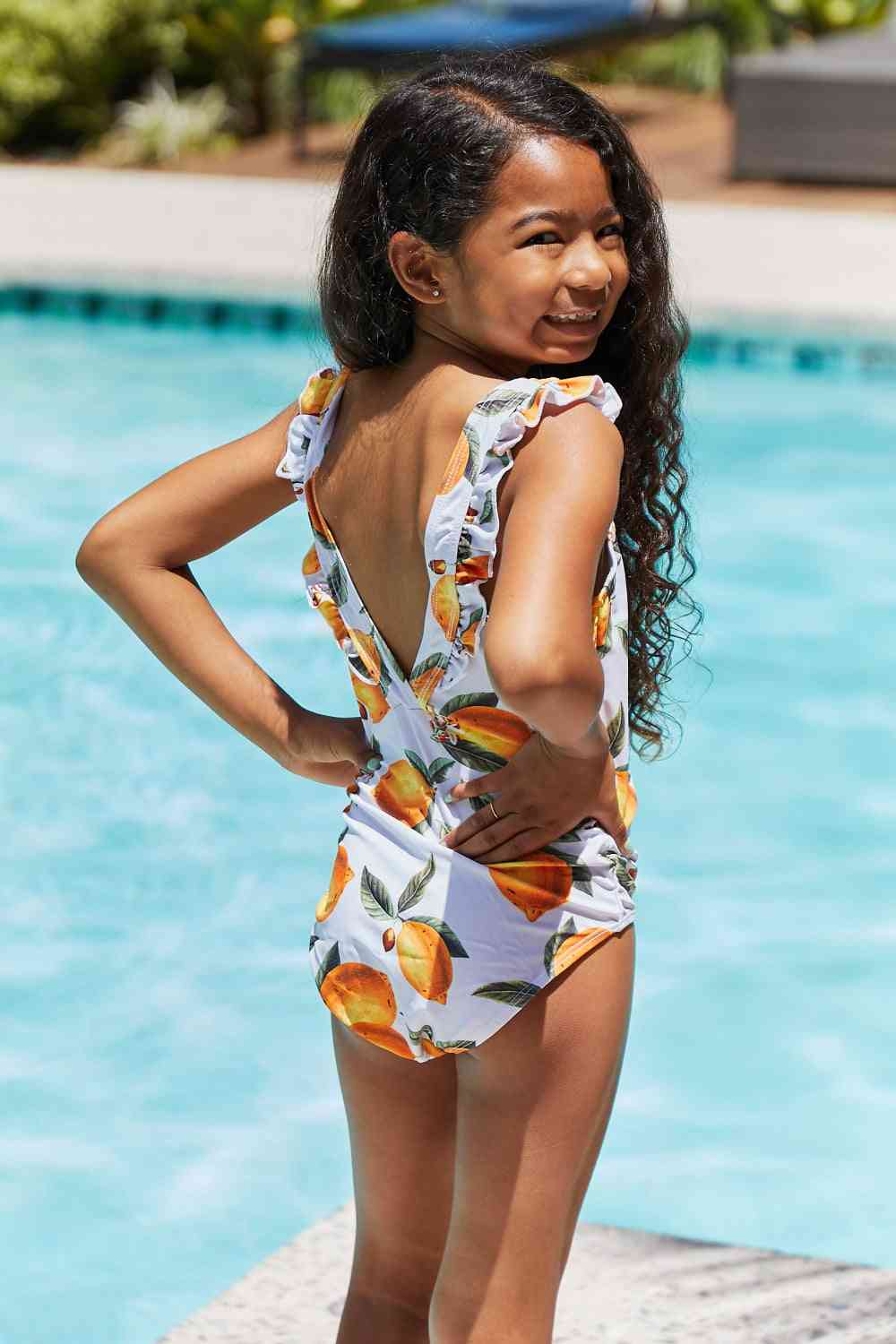 Float On Ruffled Girls One Piece Swimsuit in Citrus Orange