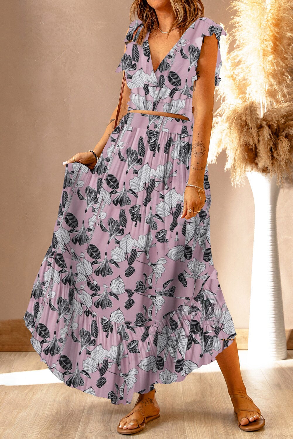 Printed Tie Back Cropped Top and Maxi Skirt Set - Sydney So Sweet