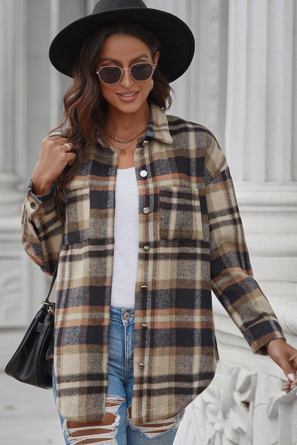 Plaid Curved Hem Dropped Shoulder Longline Shirt Jacket - Sydney So Sweet