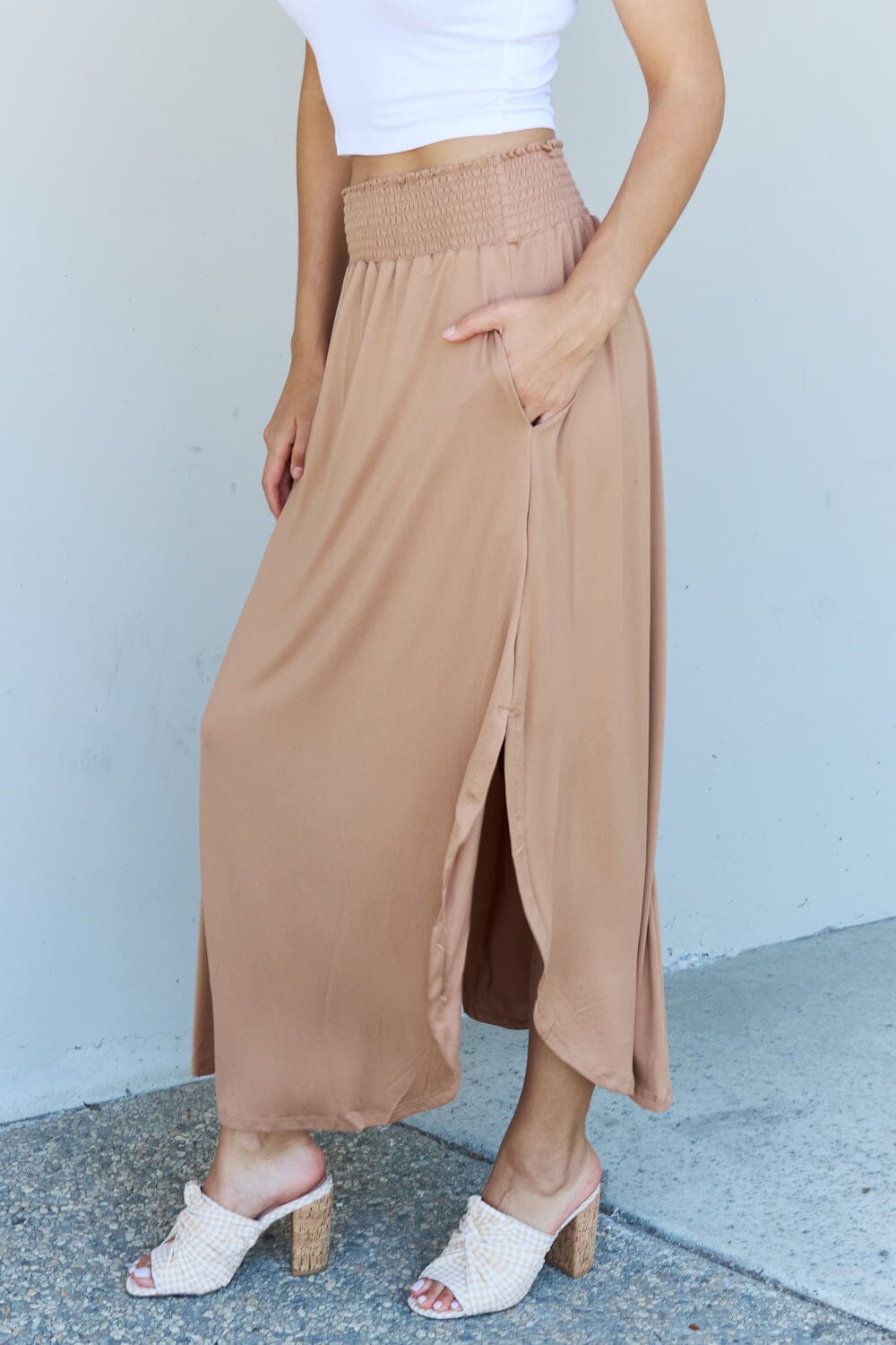 Full Size High Waist Scoop Hem Maxi Skirt in Tan - Sydney So Sweet