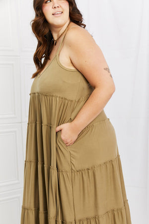 Zenana Full Size Spaghetti Strap Tiered Dress with Pockets in Khaki - Sydney So Sweet