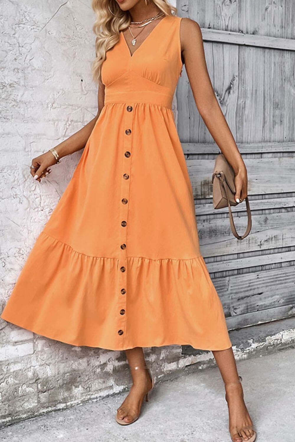 V-Neck Open Back Decorative Button Dress - Sydney So Sweet