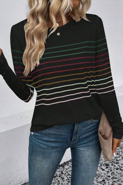 Striped Round Neck Long Sleeve Top - Sydney So Sweet