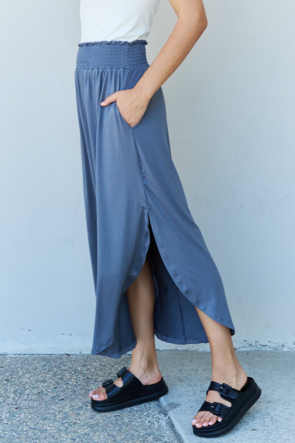 Full Size High Waist Scoop Hem Maxi Skirt in Dusty Blue - Sydney So Sweet