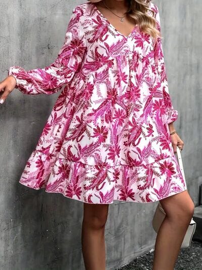 Floral V-Neck Balloon Sleeve Dress - Sydney So Sweet