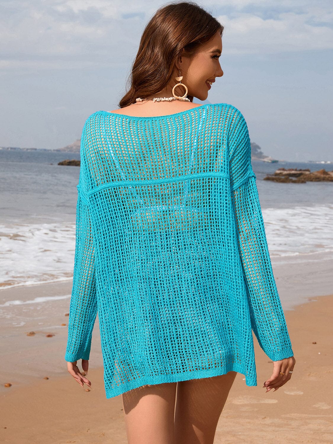 Openwork Slit Boat Neck Long Sleeve Cover-Up - Sydney So Sweet