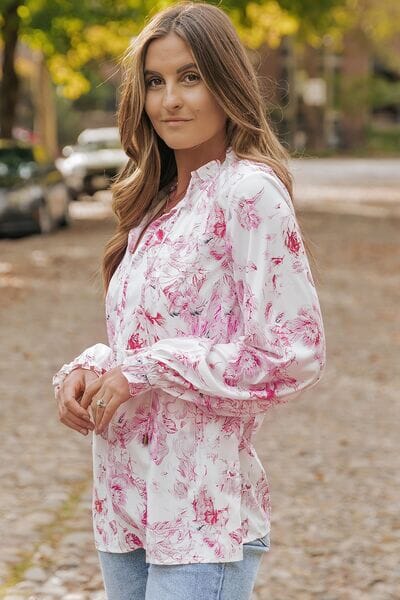 Floral Tie Neck Flounce Sleeve Blouse - Sydney So Sweet