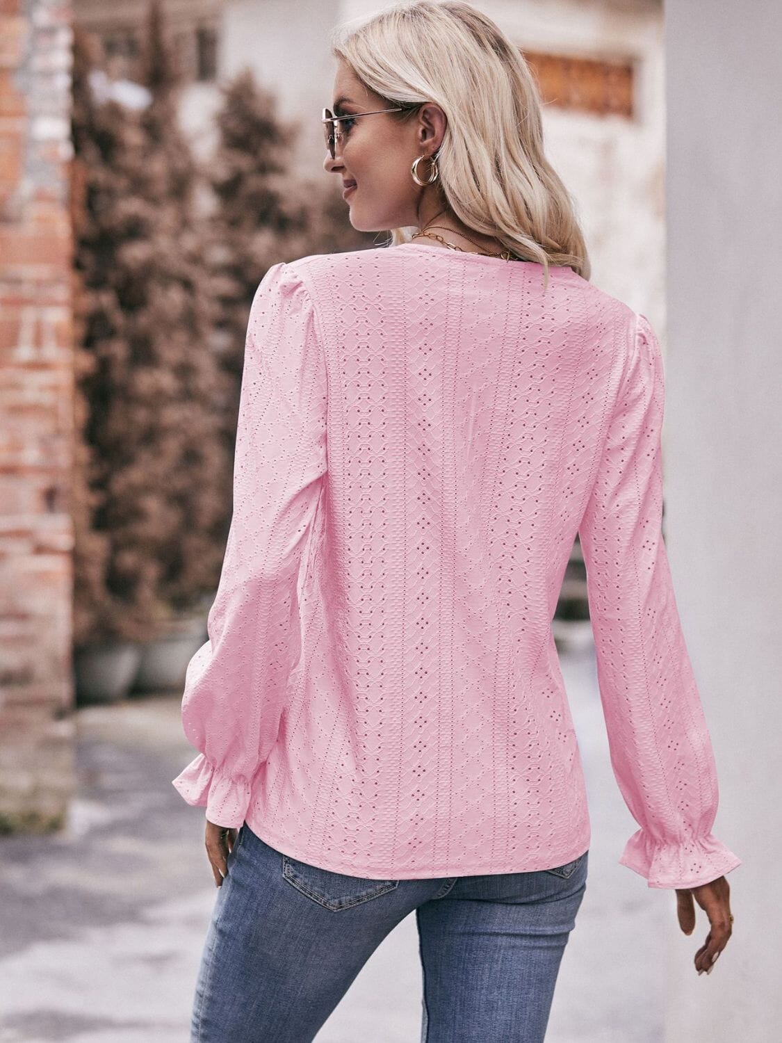 Eyelet V-Neck Flounce Sleeve Blouse - Sydney So Sweet