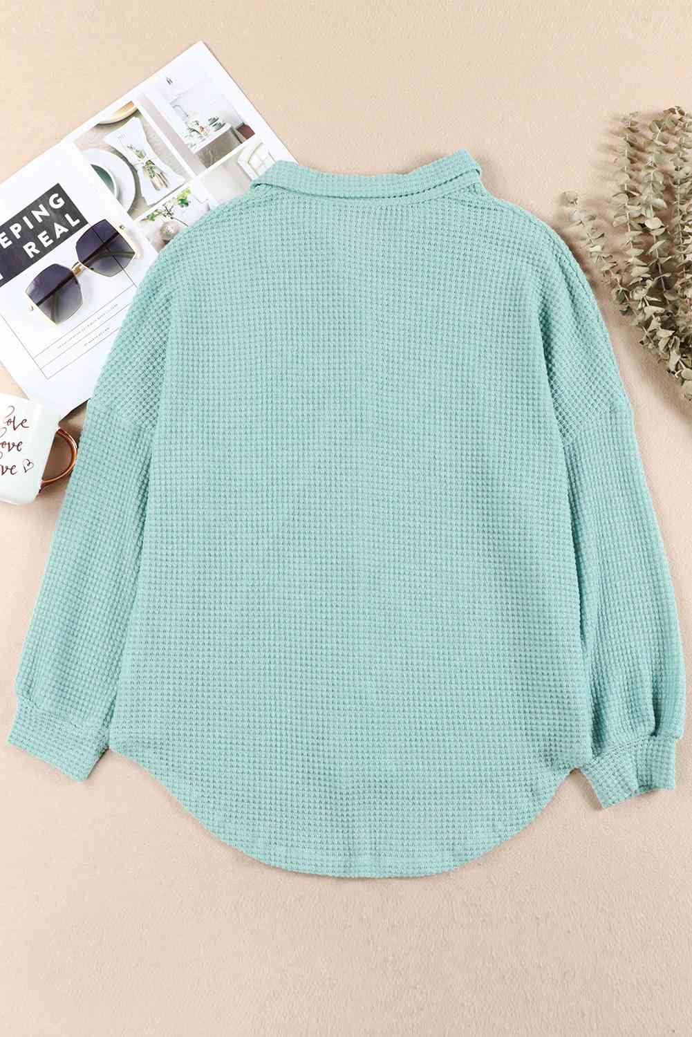 Waffle-Knit Button Up Long Sleeve Shirt with Pocket - Sydney So Sweet