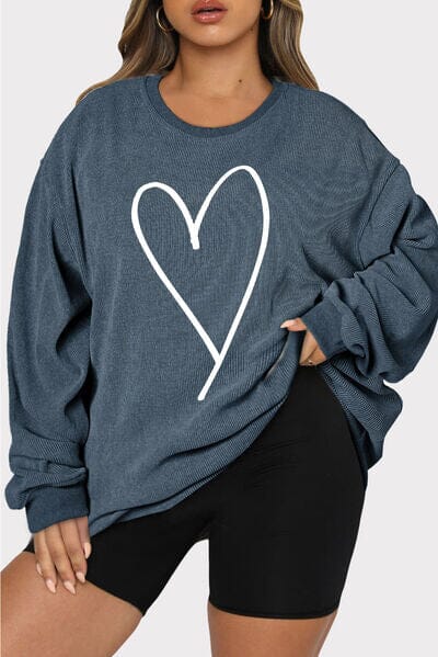 Plus Size Heart Ribbed Round Neck Sweatshirt - Sydney So Sweet