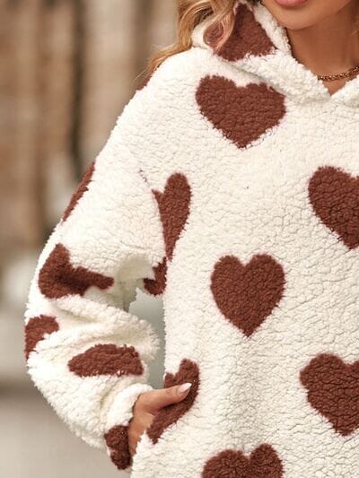 Fuzzy Heart Pocketed Dropped Shoulder Hoodie - Sydney So Sweet