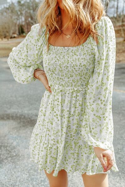 Smocked Floral Square Neck Balloon Sleeve Dress - Sydney So Sweet