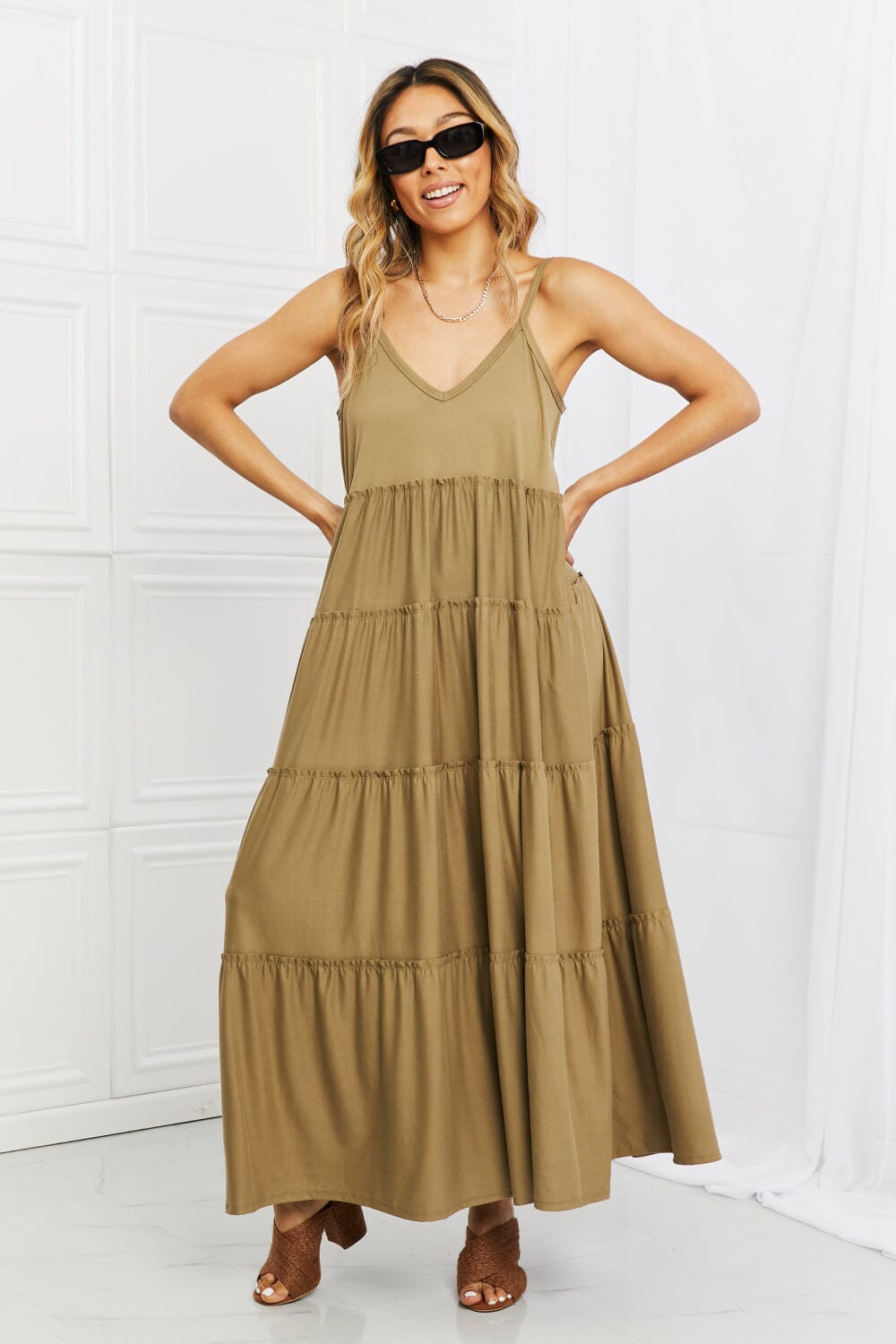 Zenana Full Size Spaghetti Strap Tiered Dress with Pockets in Khaki - Sydney So Sweet