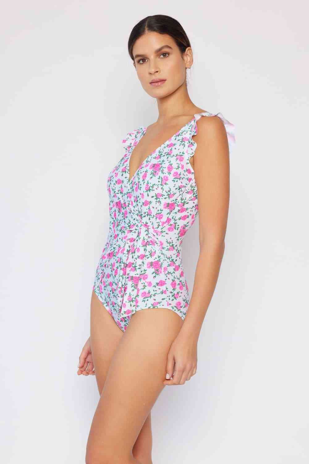 Float On Ruffle Faux Wrap One-Piece Womens Swimsuit in Roses Off-White - Sydney So Sweet