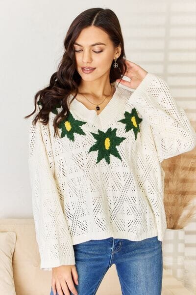 POL Floral Embroidered Pattern V-Neck Sweater - Sydney So Sweet