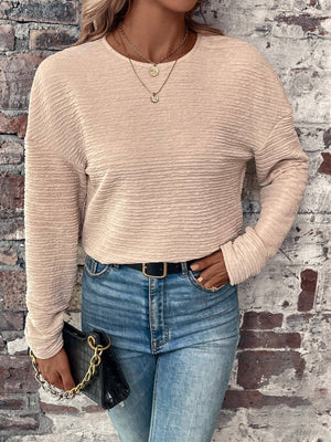 Textured Round Neck Dropped Shoulder Top - Sydney So Sweet