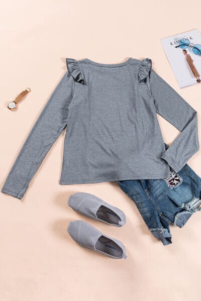 Ruffled Round Neck Long Sleeve T-Shirt - Sydney So Sweet