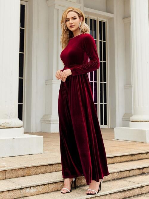 Tie Front Round Neck Long Sleeve Maxi Dress - Sydney So Sweet