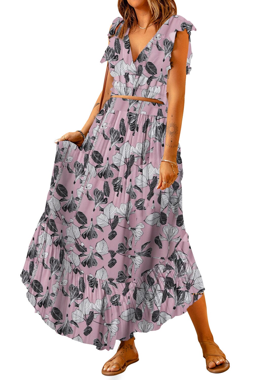 Printed Tie Back Cropped Top and Maxi Skirt Set - Sydney So Sweet