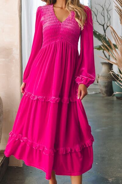 Frill V-Neck Balloon Sleeve Tiered Dress - Sydney So Sweet