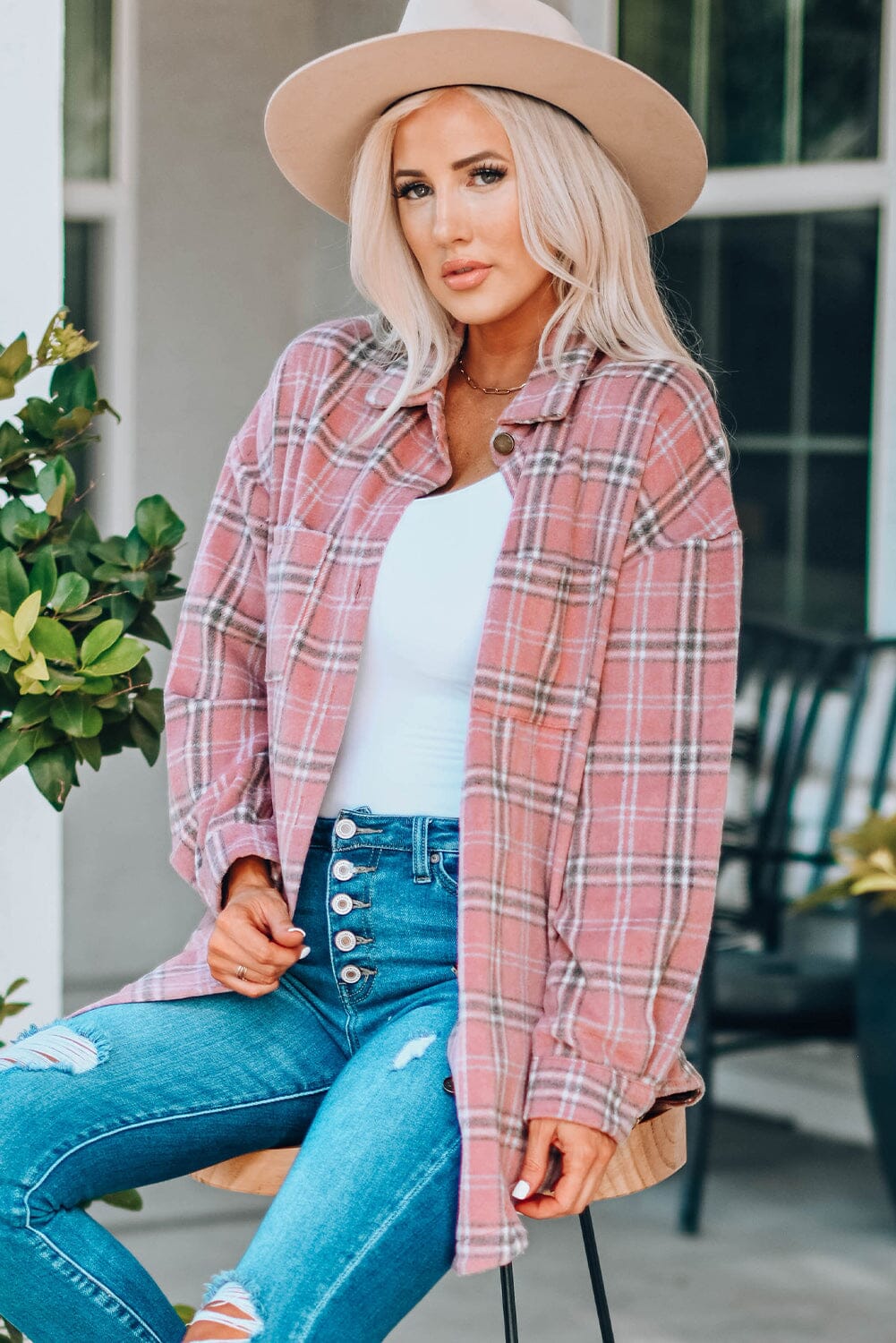 Plaid Curved Hem Dropped Shoulder Longline Shirt Jacket - Sydney So Sweet