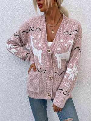 Reindeer Button Down Cardigan with Pockets - Sydney So Sweet