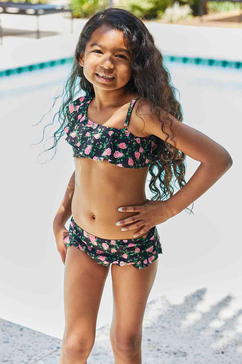 Clear Waters Two-Piece Girls Swim Set in Black Roses - Sydney So Sweet