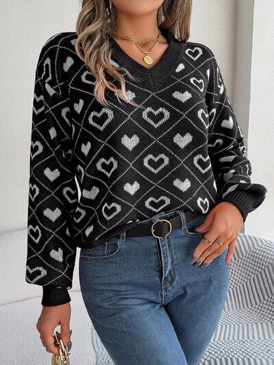 Heart Pattern V-Neck Long Sleeve Sweater - Sydney So Sweet