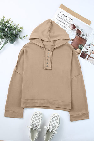 Quarter-Button Exposed Seam Dropped Shoulder Hoodie - Sydney So Sweet