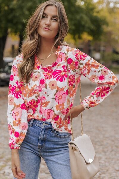 Floral V-Neck Frill Long Sleeve Blouse - Sydney So Sweet