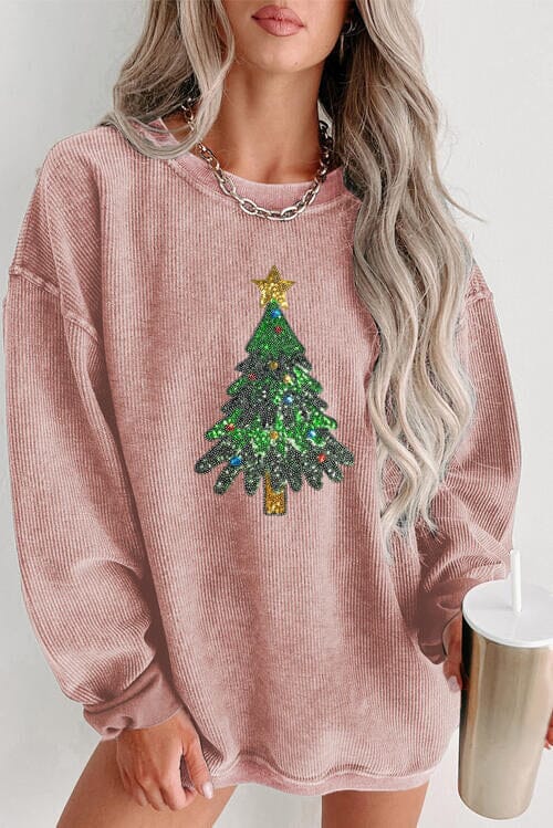Sequin Christmas Tree Ribbed Drop Shoulder Sweatshirt - Sydney So Sweet