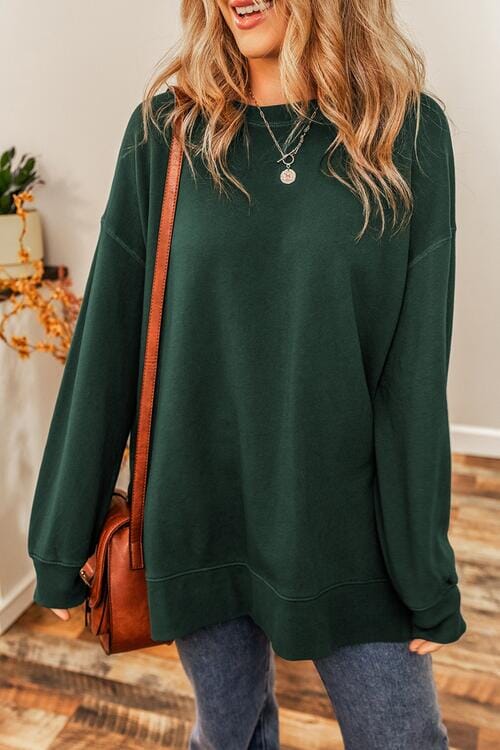 Round Neck Drop Shoulder Slit Sweatshirt - Sydney So Sweet