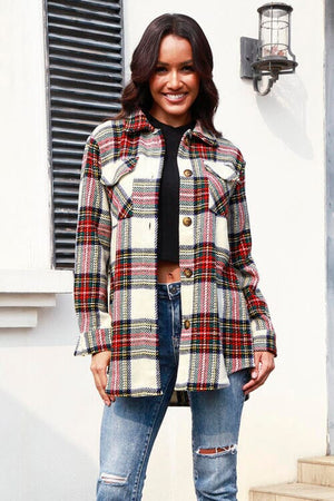 Plaid Button Up Collared Neck Shacket - Sydney So Sweet