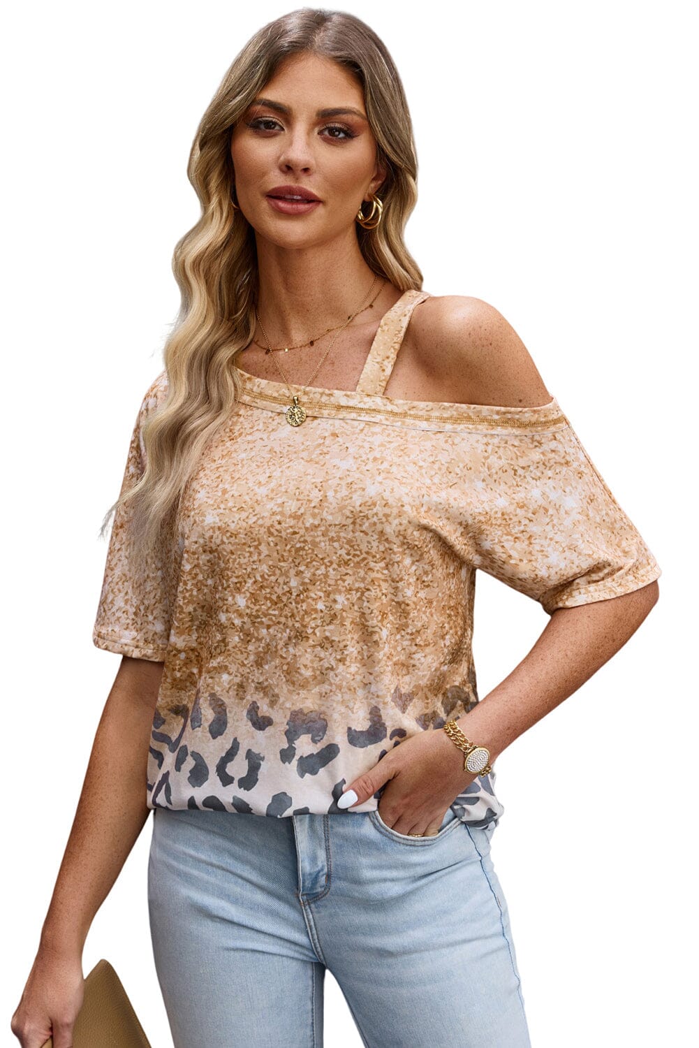 Leopard Asymmetrical Neck Cold-Shoulder Blouse - Sydney So Sweet