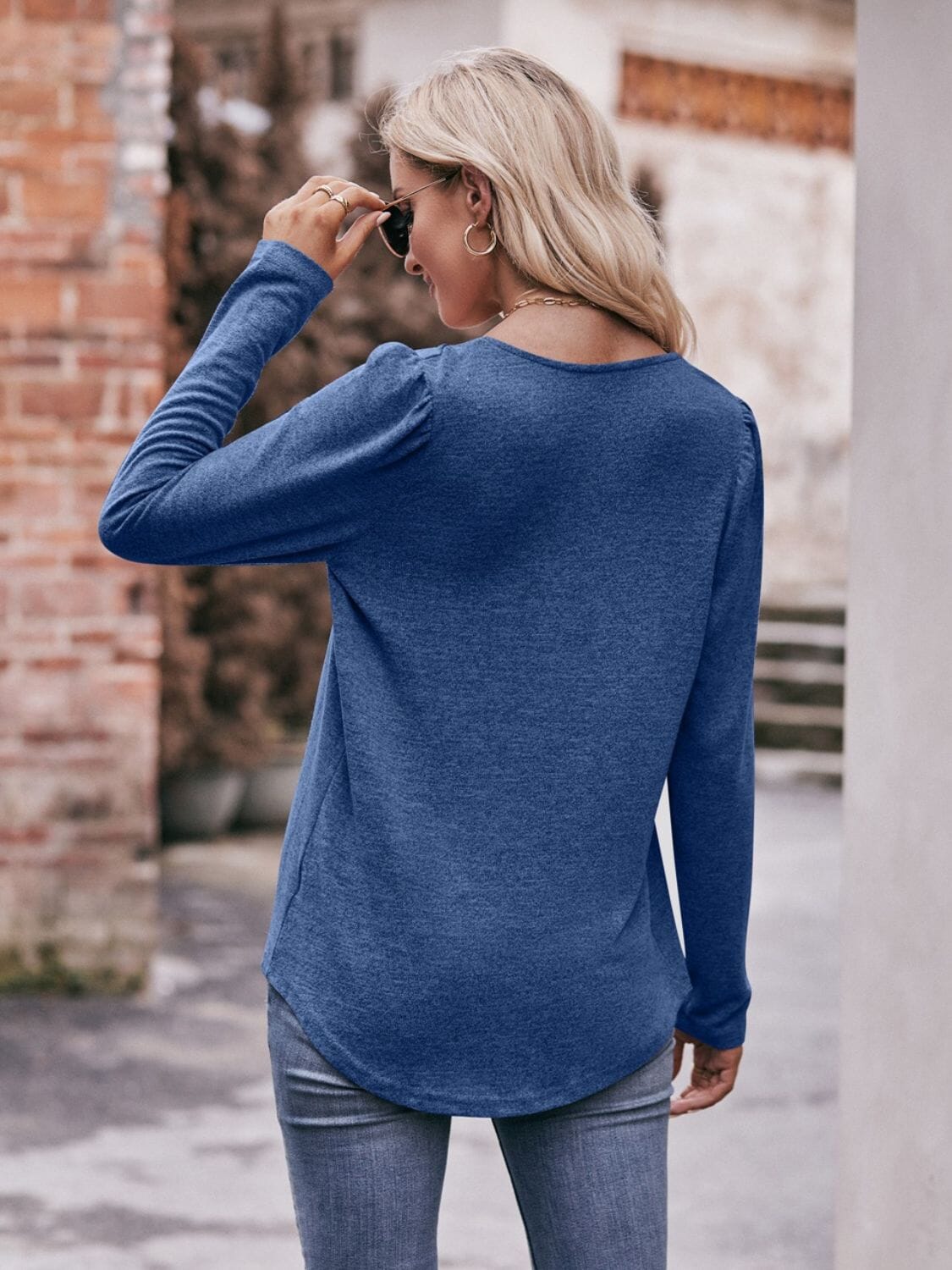 Pleated Detail Curved Hem Long Sleeve Top - Sydney So Sweet