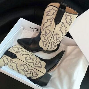 Embroidered Stitch Block Heel Cowboy Boots - Sydney So Sweet