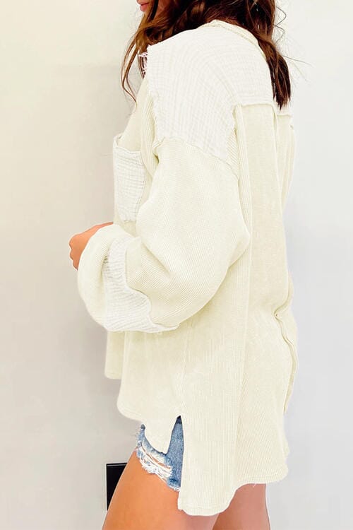 Waffle-Knit Exposed Seam Lantern Sleeve Blouse - Sydney So Sweet