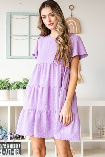 Heimish Full Size Swiss Dot Short Sleeve Tiered Dress - Sydney So Sweet