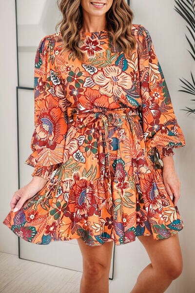 Tropical Print Tie Waist Lantern Sleeve Mini Dress - Sydney So Sweet